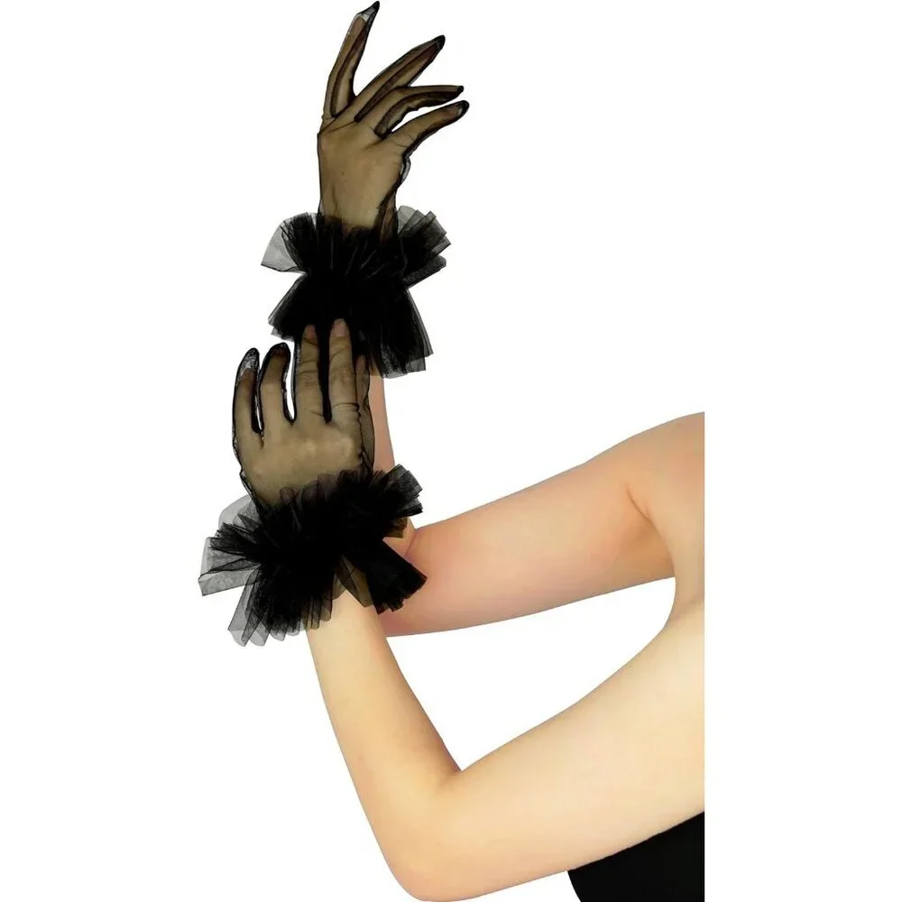 Women's Evening White Ruffles Tulle Mesh Short Gloves Party Tea Wedding Prom